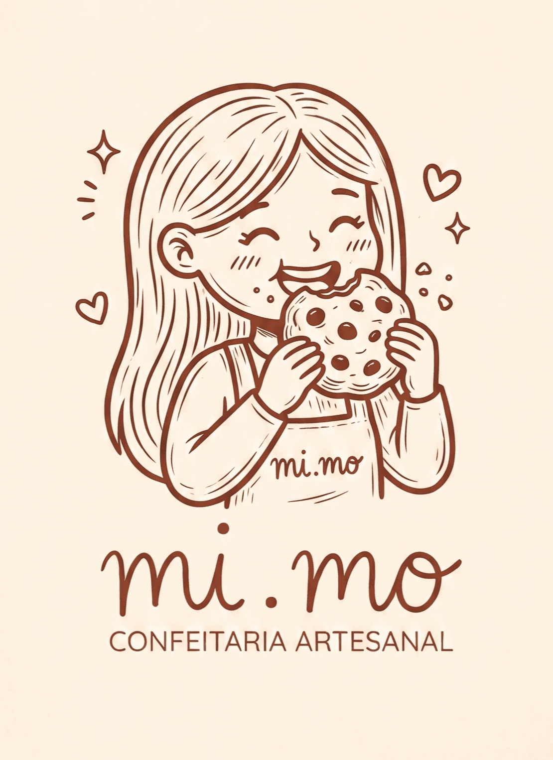 Personagem da mi.mo mordendo um cookie, com a marca mi.mo Confeitaria Artesanal